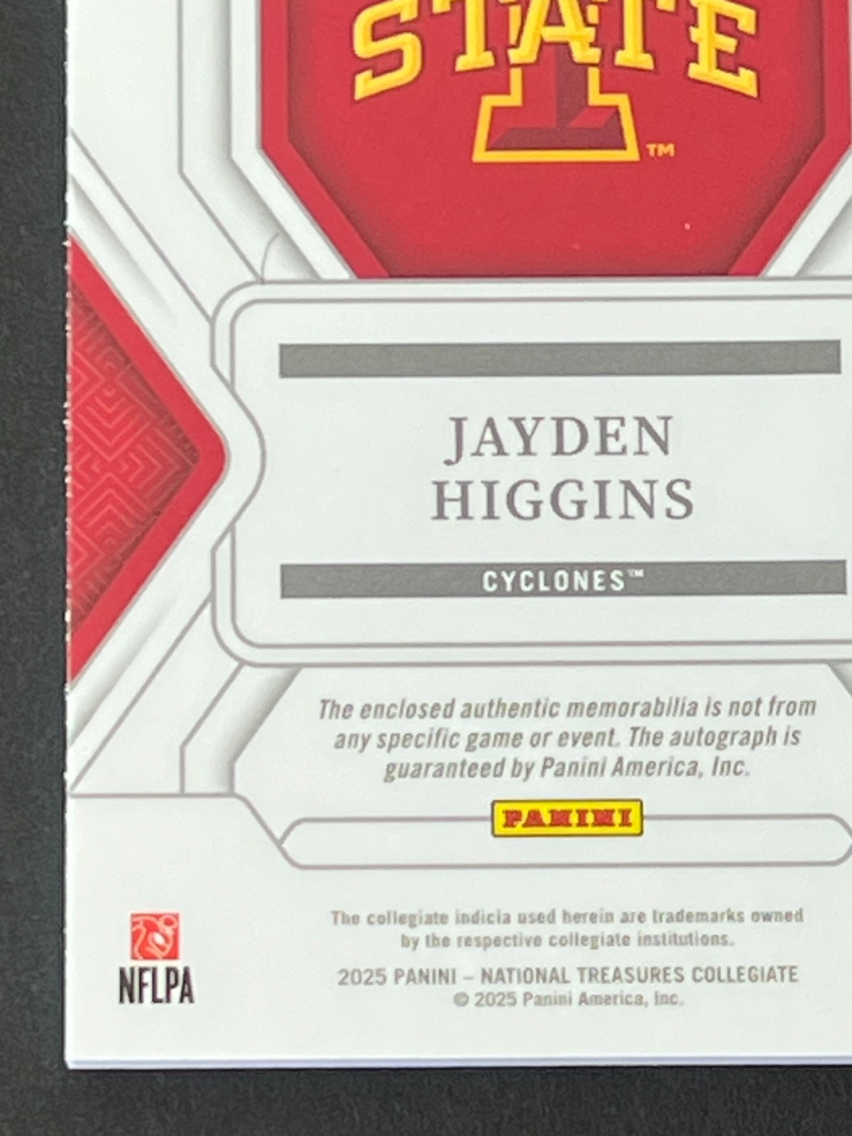 Jayden Higgins 2025 National Treasures Collegiate RC Patch Auto #ed 8/10 view 10