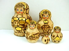 Vintage Nesting Dolls Stacking Gold Hand Painted Natural Wood Burn Set of 5