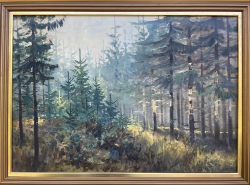 Einar Thorbjorn 1911-1985 bosque de coníferas inundado de luz pintura natural Dinamarca - Imagen 4 de 14