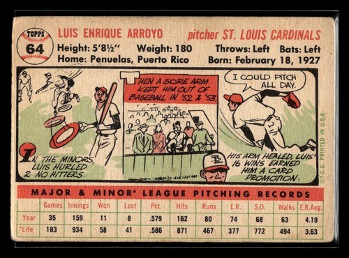 1956 Topps #64 Luis Arroyo novato en muy buen estado-ex St. Louis Cardinals - Imagen 2 de 2