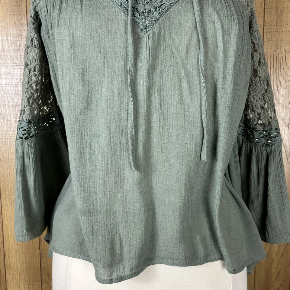 Mudd (Size S) Boho Olive Green Shirt tunic with Lace Detail - Image 3 of 4