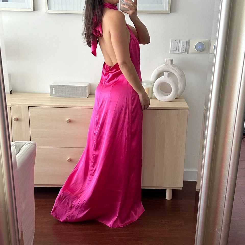 Guess Marciano Maxi Dress Fuchsia 100% Silk Evening Gown High Slit Y2K Glam Gala - Image 3 of 4