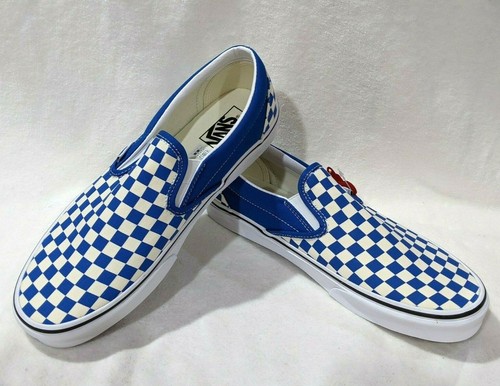 checkerboard slip on vans blue