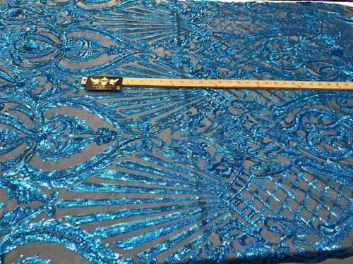 TURQUOISE IRIDESCENT DAMASK SEQUINS DESIGN ON A 4 WAY STRETCH BLACK MESH-BY YARD - Picture 6 of 8