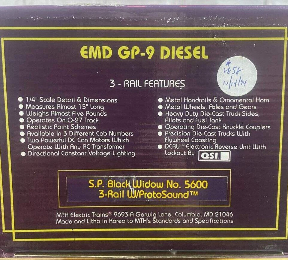 MTH O GUAGE EMD GP-9 SP BLACK WIDOW PROTOSOUND NEW IN BOX, NRFB  !! - Image 4 of 4