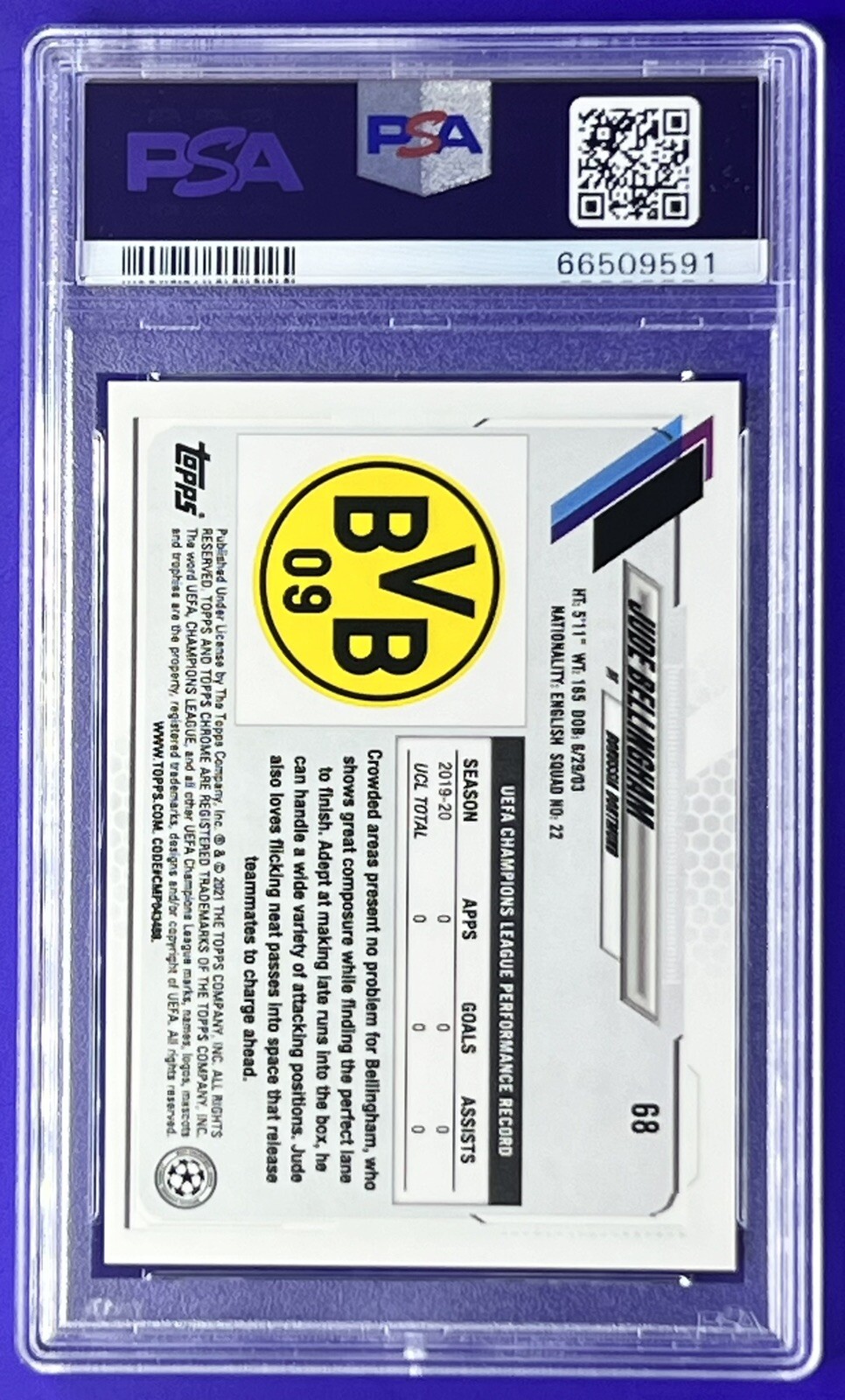 2020 Topps Chrome UCL Jude Bellingham RC Rookie Dortmund PSA 9 MINT view 2