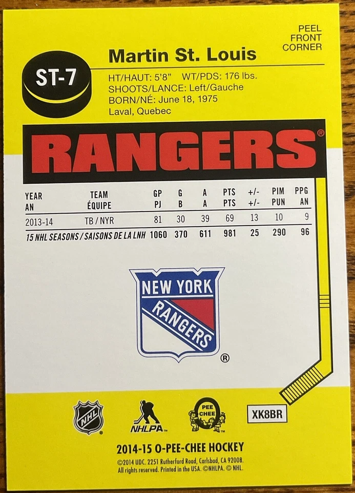 2014-15 O-Pee-Chee Stickers Martin St. Louis #ST-7 New York Rangers - Image 2 of 2