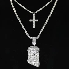 Iced Silver Plated 2 pc CZ Jesus & Cross 20" 24" Rope Chain Set Hip Hop Jewelry