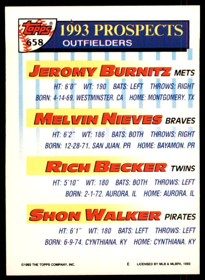 1993 Topps Gold Jeromy Burnitz/Melvin Nieves/Rich Becker/Shon Walker Rookie - Image 2 of 2