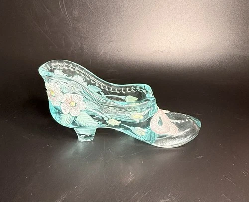 Fenton Art Glass Aqua Colored Glass Slipper Hand painted Floral & Ribbons Signed