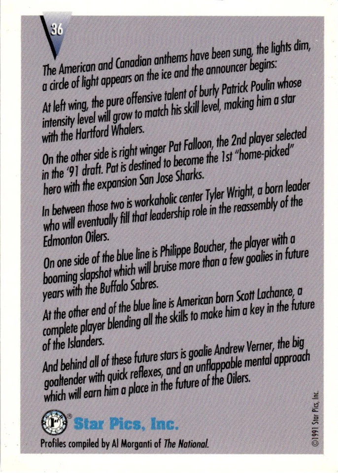 1991-92 Star Pics Pat Falloon/Tyler Wright/Philippe Boucher/Andrew Verner/Scott - Image 2 of 2