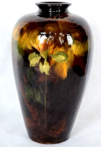 Large Weller Aurelian Pottery Vase w Flowers & Artist's Initials MM?