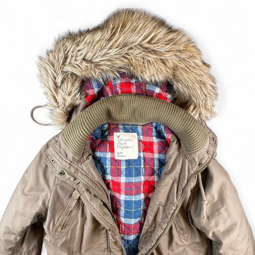 VTG 2009 Y2K American Eagle Jacket Military Parka Coat Fur Flannel Plaid Lined S - Picture 12 of 12