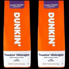 Dunkin’ Midnight Ground Coffee Dark Roast 100% Arabica 2 Individual Bag Each 1LB