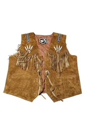 Men Native Traditional Western Cowboy Leather vest Fringe & Beaded
