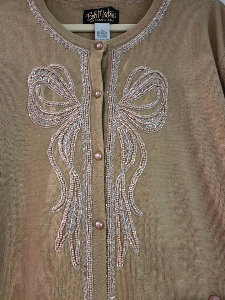 Bob Mackie Wearable Art Beaded Bow Cardigan Sz 3X Sweater Tan Coastal Grandma - Image 2 of 4