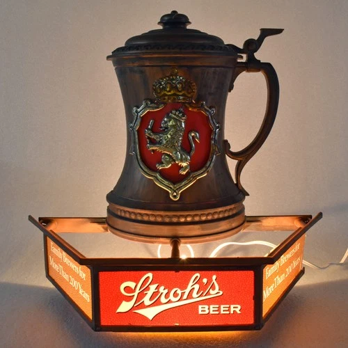Vintage 1960s Stroh's Beer Lighted Bar Wall Sign Stein Tankard 3-D WORKS!
