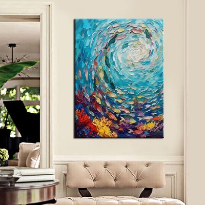 Colorful Abstract Fish Landscape Home Decor Wall Art Handpainted Oil Painting