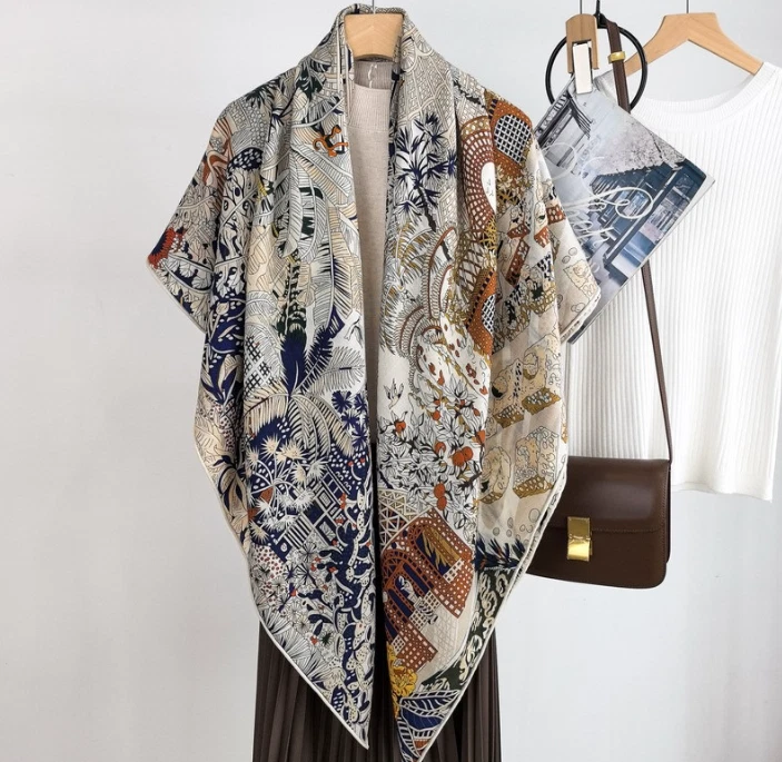 70% Cashmere 30% Silk Green heaven Print 135X135cm Scarf Double Face Wrap Shawl  - Image 4 of 4