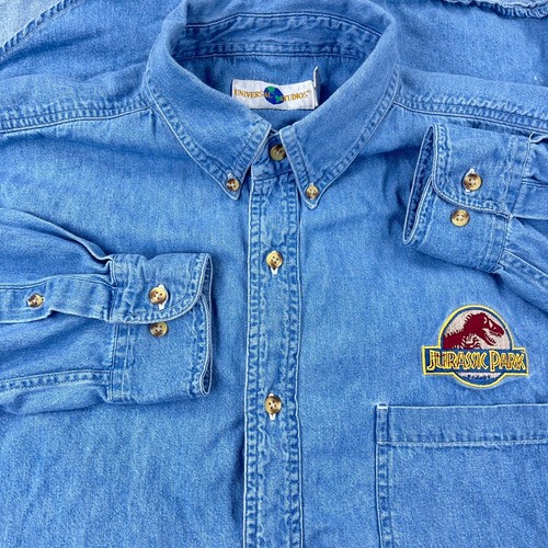 Vintage Jurassic Park Hemd Herren XL Blau Denim Knopfleiste Jeanstasche 90er Y2K *