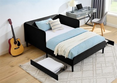 Full Size Upholstered Platform Bed Frame w/2 Drawers,Adjustable Sofa Bed Black
