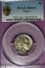 1913 PCGS MS64+ TYPE 1 BUFFALO NICKEL #B52278