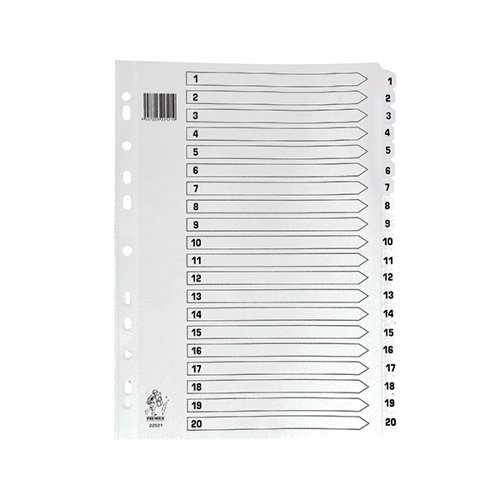 A4 1-20 File Divider Index Numeric White Plastic Tabs Subject Filing x 1 Set