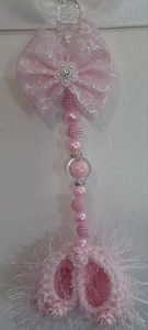 **New** Hand Knitted Baby Girl pink Pram Charm With Fur Embellishments 