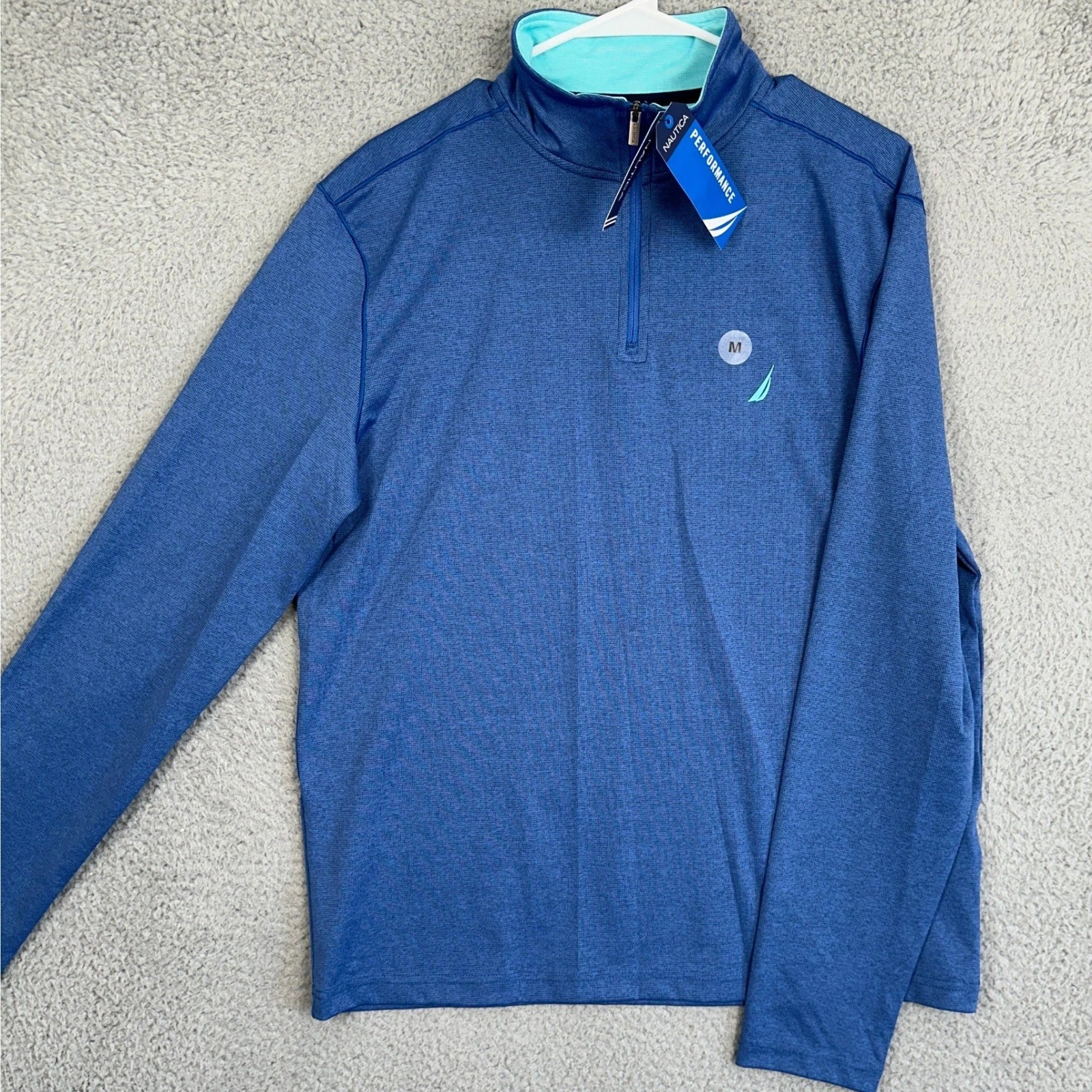 NEW Nautica Shirt Mens Medium Blue Quarter Zip Pullover Performance Stretch Logo