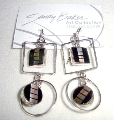 Onyx & Mother of Pearl Sterling Traffic Dangle Earrings by Sandy Baker Lenox New - Picture 2 of 3