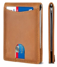 RFID Blocking Leather Men Wallet Minimalist Front Pocket Bifold With Money Clip