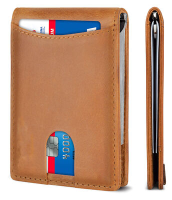 Men Slim Bifold Genuine Leather Wallets Minimalist RFID Blocking Clip 4*3*1in