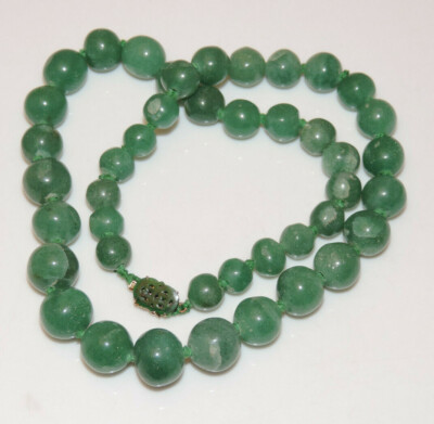 Old Chinese Export Green Jade Bead Cecil 14k Gold Clasp Graduated