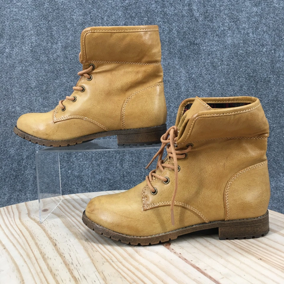 Rampage Boots Womens 6 M Jackson Fold Over Mid Lace Up Boot Brown Faux Leather - Image 2 of 4