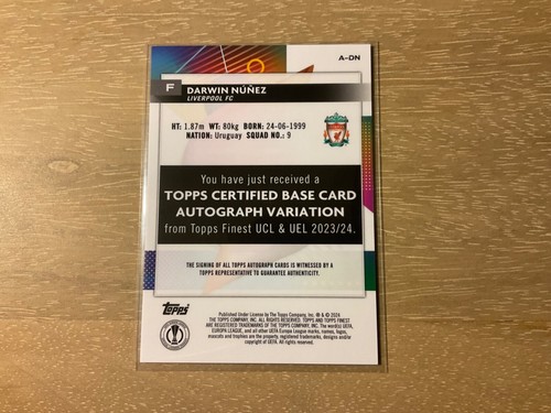 2023-24 Topps Finest UEFA Club Competitions Darwin Nunez Refractor Auto #A-DN - Picture 2 of 2