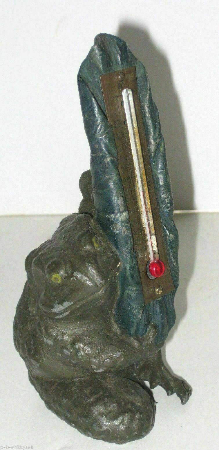Antique Bronze Metal Frog "Holding A Thermometer" Original Paint