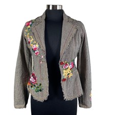 Paparazzi Brown Tweed Floral Embroidered Blazer Jacket Sz Small Boho Hippy Gypsy