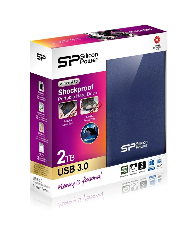 2TB Silicon Power Armor A80 Shockproof/Waterproof Portable HDD USB3.0 Blue - Image 2 of 4