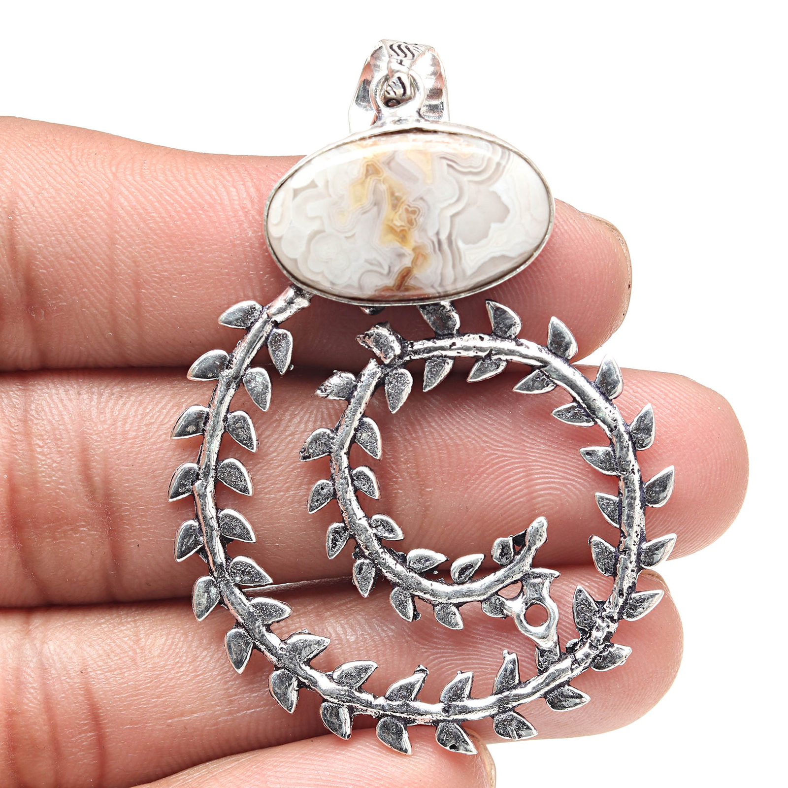 Crazy Lace Agate Silver Pendant Valentine Gift 2.5 Inch Jewelry