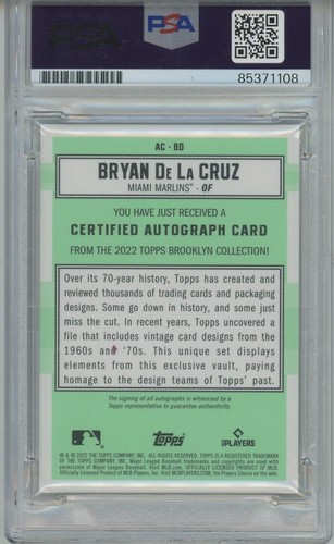 2022 Topps Brooklyn Collection Bryan De La Cruz RC signed PSA/DNA auto Grade 10 - Picture 2 of 2