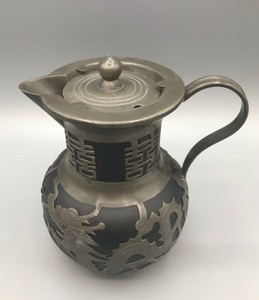 Antique Yixing Coffee / Hot Water Pot With Pewter Overlay