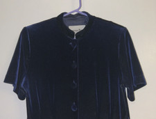 VTG Another Thyme Blue Velvet High-Collar Sheath Dress size 10 Button Front