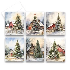 12 Assorted Country Christmas Tree Greeting Cards with Envelopes (2 of each)