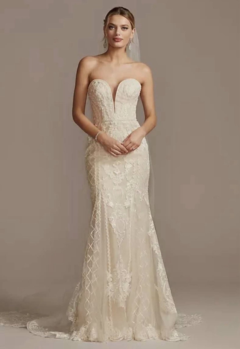 OLEG CASSINI beaded scroll and lace mermaid wedding dress size 14 Davids  Bridal | eBay