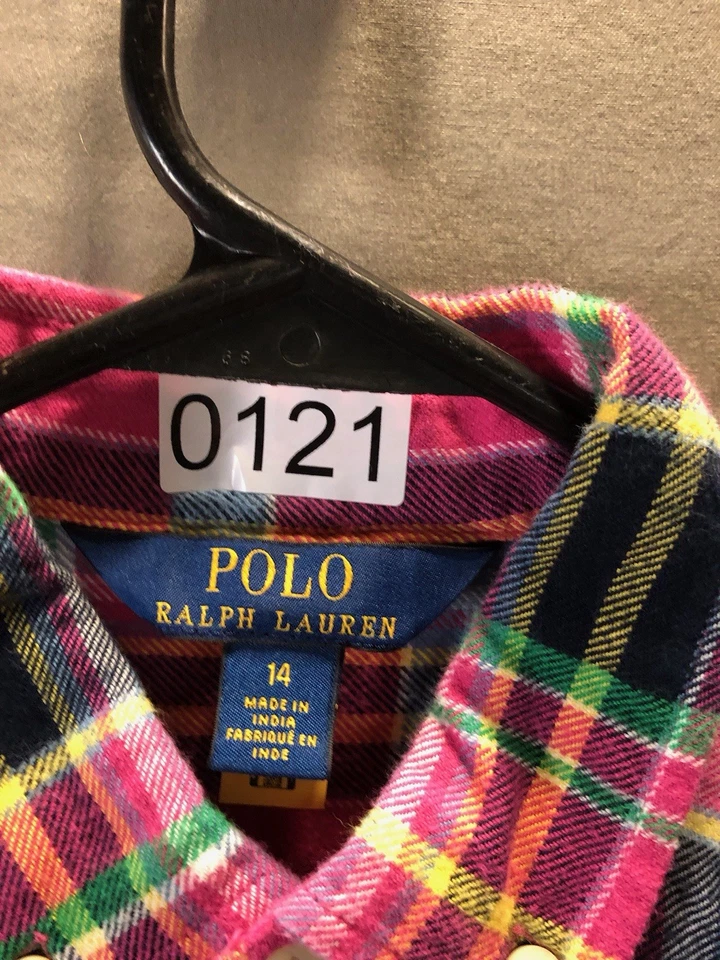 Polo Ralph Lauren Pink Plaid Flannel Dress Long Sleeve Button Front Kids size 14 - Image 2 of 3