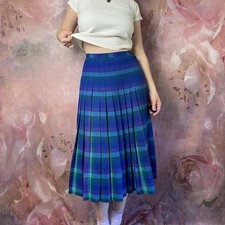 Vintage Blue Plaid Pleated Midi Skirt