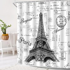 Eiffel Tower Shower Curtain Hand-Painted Postmar Seal France Romantic Europea...