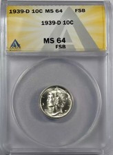 1939 D Mercury Dimes Anacs Ms-64 Fsb 1939 D Mercury Dimes Anacs Ms-64 Fsb