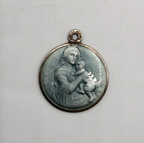 Virgin and Child Solid Silver Blue Enameled Medal Pendant Early 20th Century »