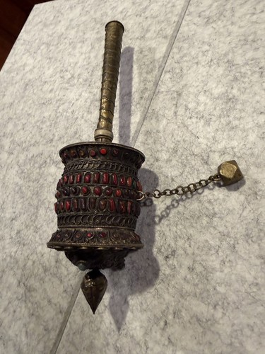 Antique Tibetan Buddhist Prayer Wheel Mani Coral Turquoise Silver Filigree 10in